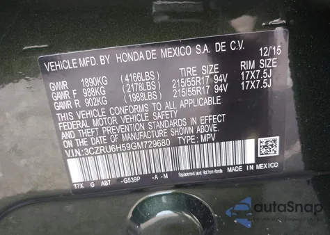 2016 Honda Hr-V Ex z USA, uszkodzony, nr VIN 3CZRU6H59GM729680